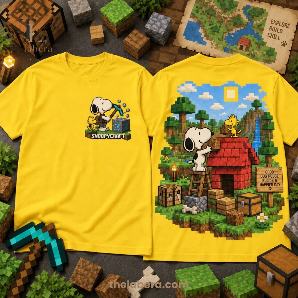 The Labera Snoopycraft Pixel Doghouse Graphic T-Shirt 12 Cream pixel art t-shirt with Snoopy building a red doghouse and a blocky sky scene on the back