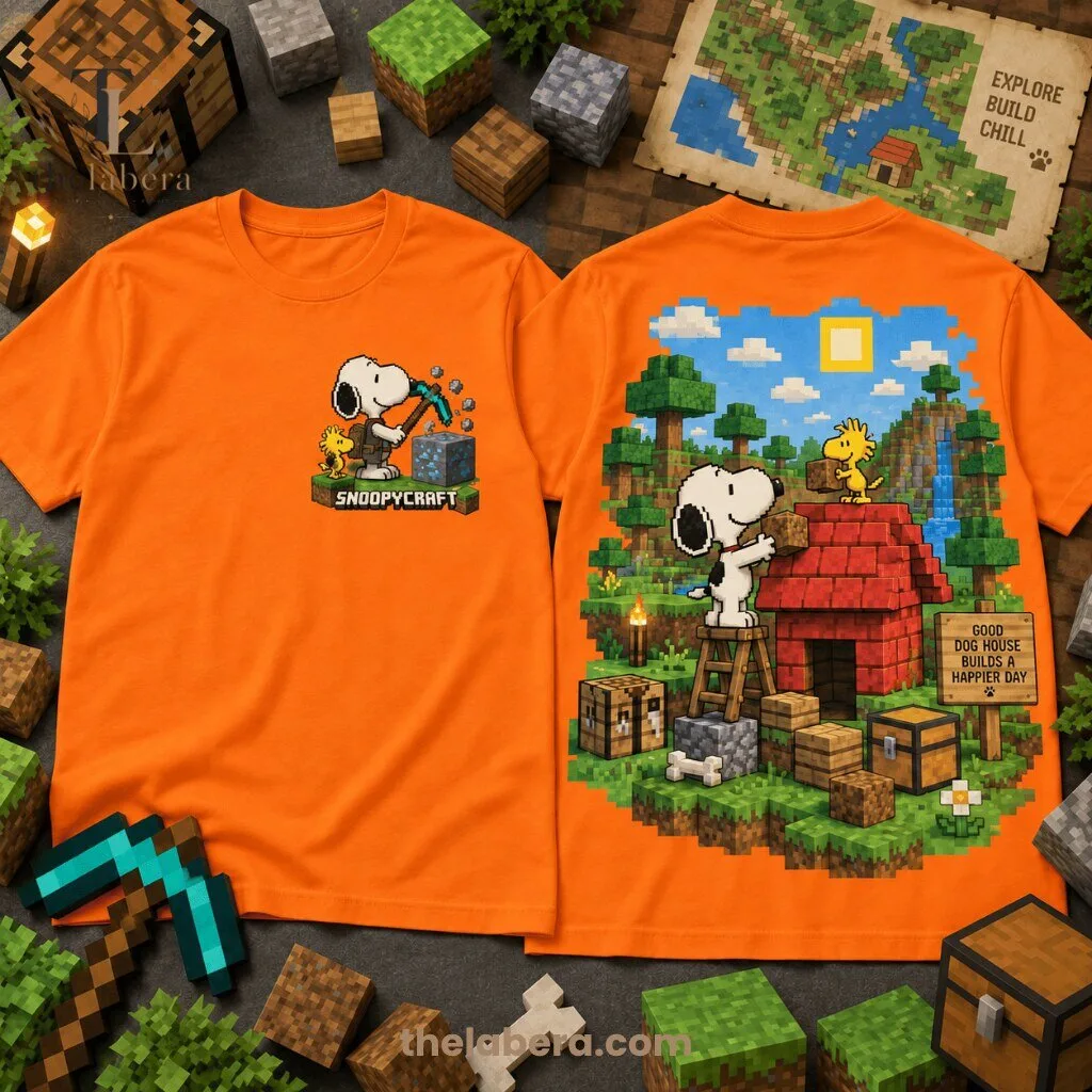 The Labera Snoopycraft Pixel Doghouse Graphic T-Shirt 13 Cream pixel art t-shirt with Snoopy building a red doghouse and a blocky sky scene on the back