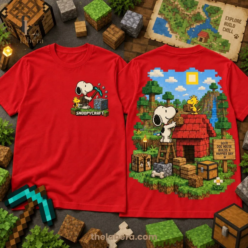 The Labera Snoopycraft Pixel Doghouse Graphic T-Shirt 14 Cream pixel art t-shirt with Snoopy building a red doghouse and a blocky sky scene on the back