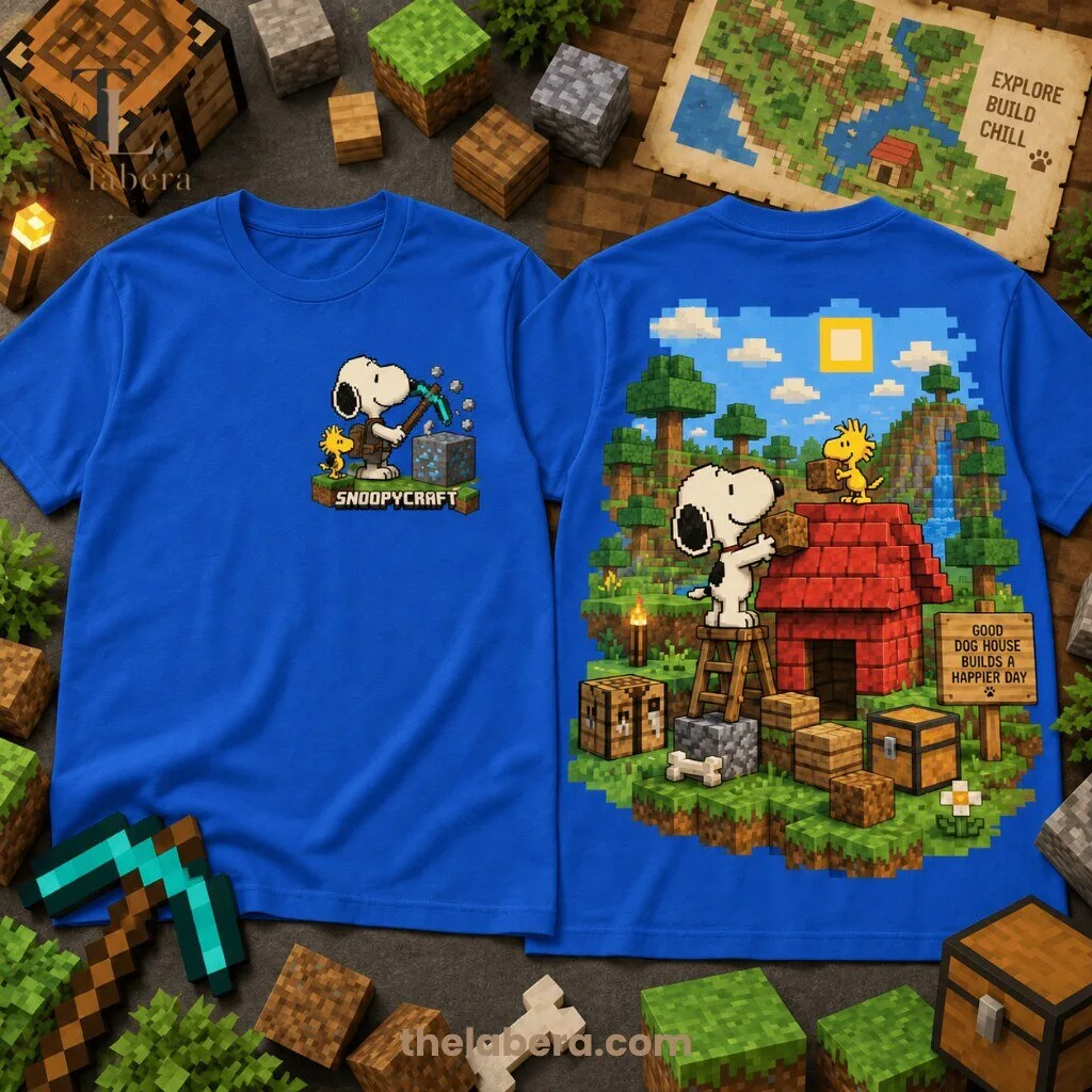 The Labera Snoopycraft Pixel Doghouse Graphic T-Shirt 15 Cream pixel art t-shirt with Snoopy building a red doghouse and a blocky sky scene on the back
