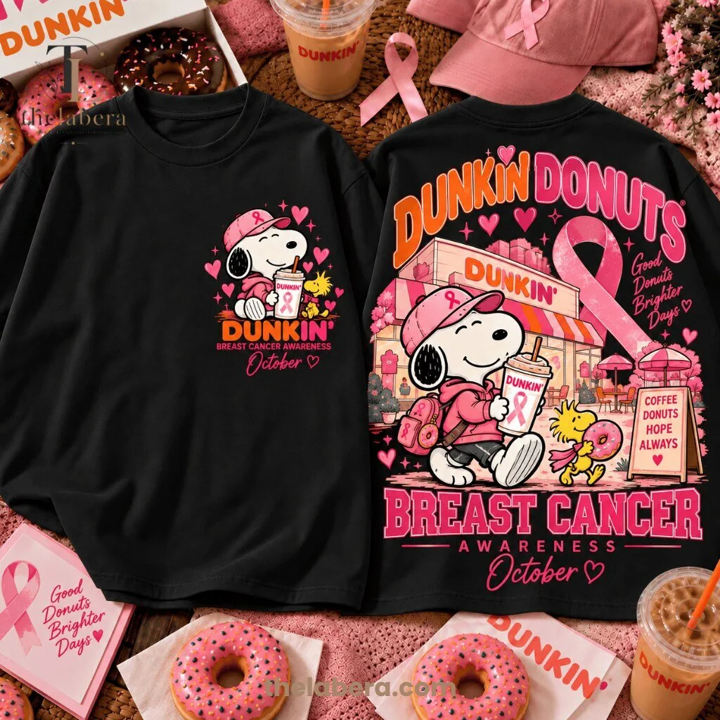 The Labera Snoopy Pink Ribbon Breast Cancer Awareness T-Shirt 10 Yellow Snoopy t-shirt with pink ribbon artwork, Snoopy in a pink cap holding an iced coffee on the back