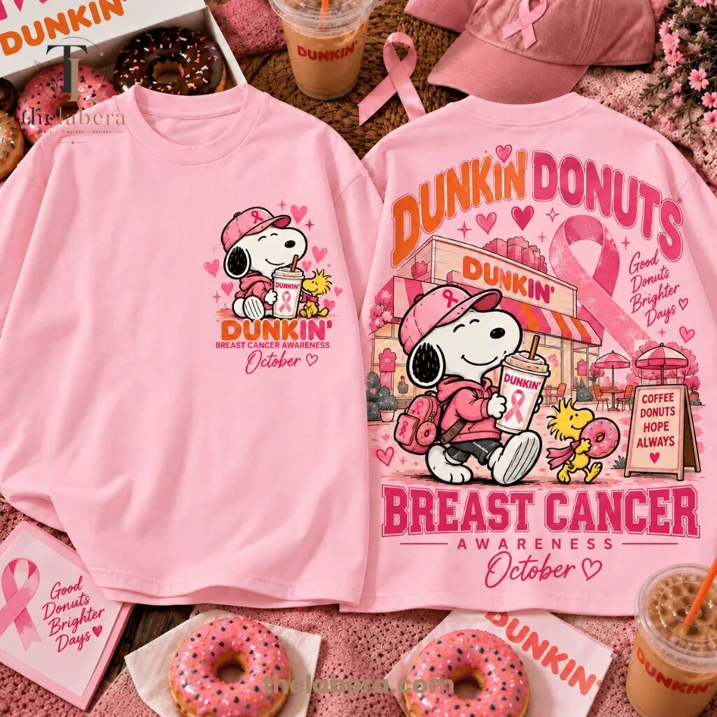 The Labera Snoopy Pink Ribbon Breast Cancer Awareness T-Shirt 11 Yellow Snoopy t-shirt with pink ribbon artwork, Snoopy in a pink cap holding an iced coffee on the back
