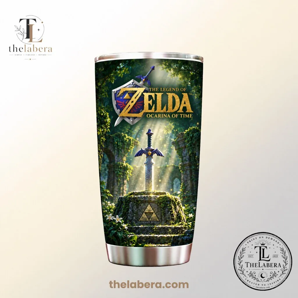 The Labera Green Hero Forest Sword Adventure Tumbler 9 Stainless steel tumbler with green forest scene, hero in green tunic holding a sword and shield near a castle