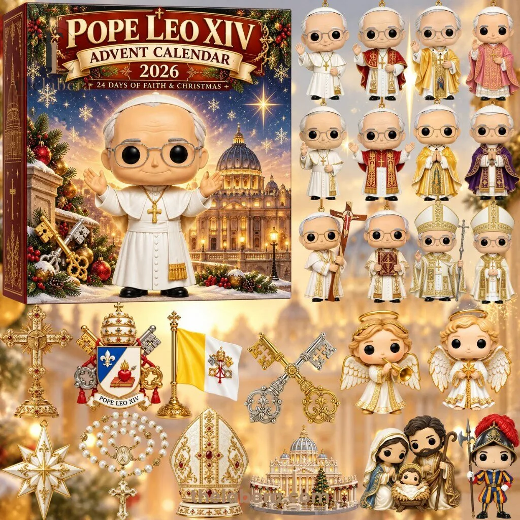 The Labera Papal Faith Advent Calendar 2026 Gold and White 5 Gold and white faith advent calendar 2026 with a figurine in white robes and church dome scene on Christmas background