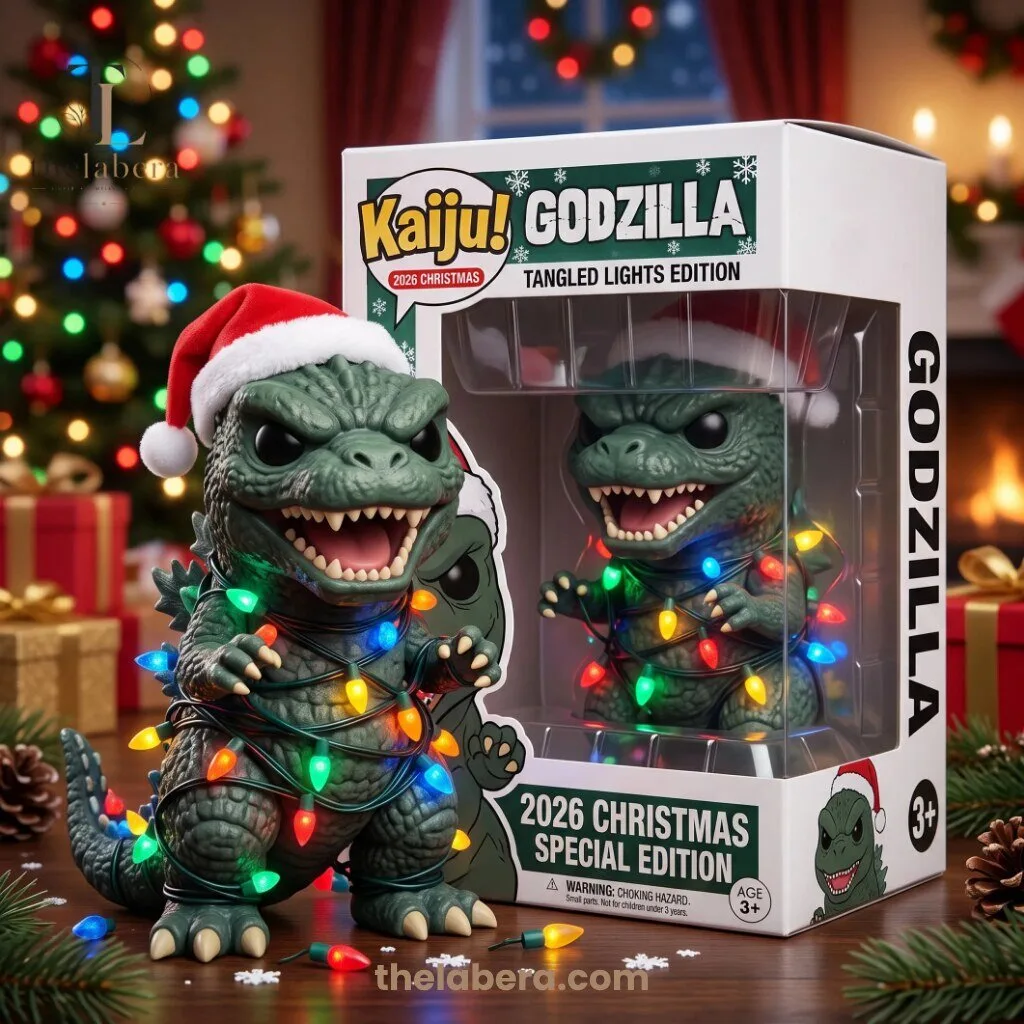 Kaiju Godzilla 2026 Christmas Tangled Lights Edition 5 Godzilla chibi figure wearing a red Santa hat and tangled string lights beside its white Kaiju window box