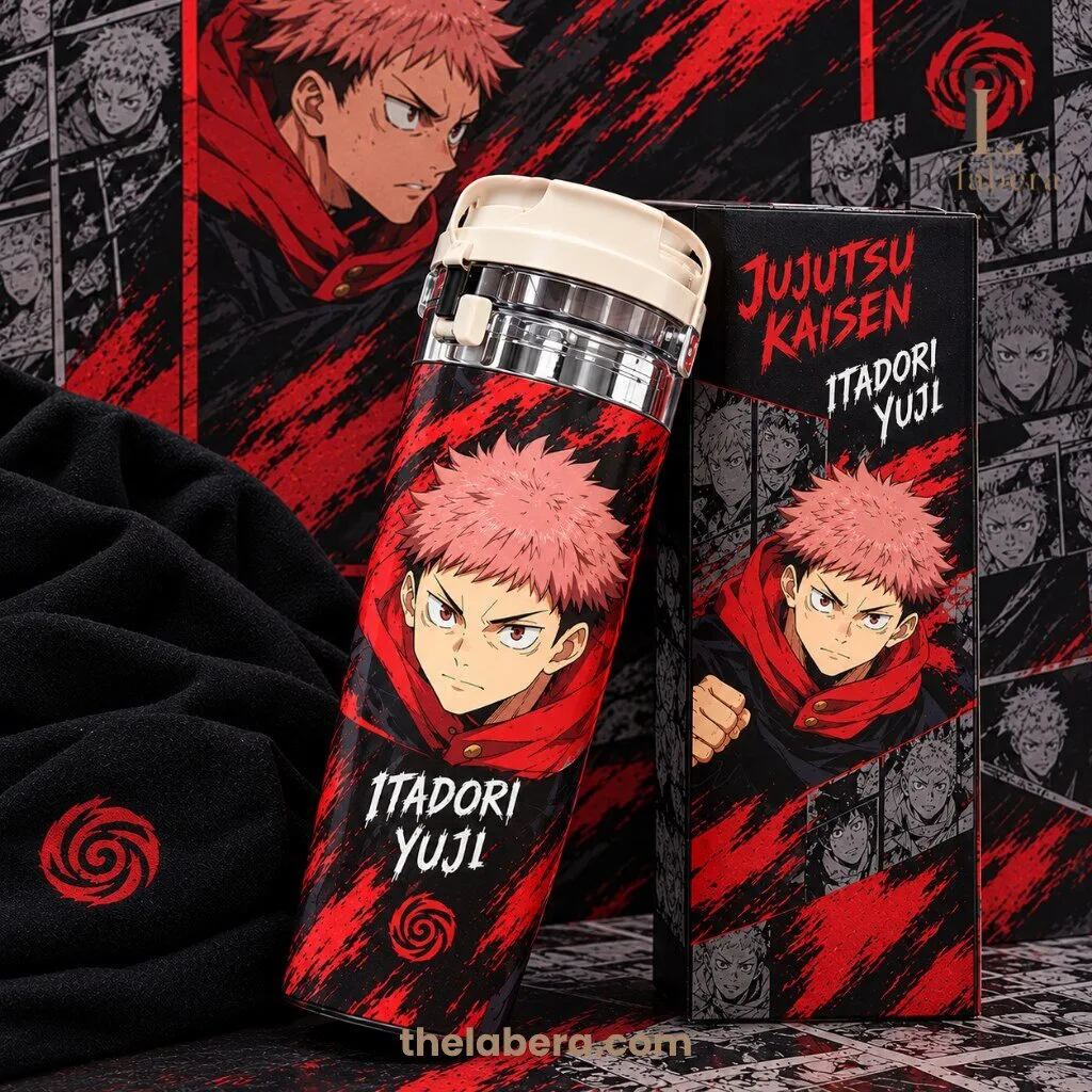 Jujutsu Kaisen Itadori Yuji Tumbler 30oz 5 Jujutsu Kaisen Itadori Yuji tumbler in black and red with pink-haired Yuji art, beside matching manga panel gift box