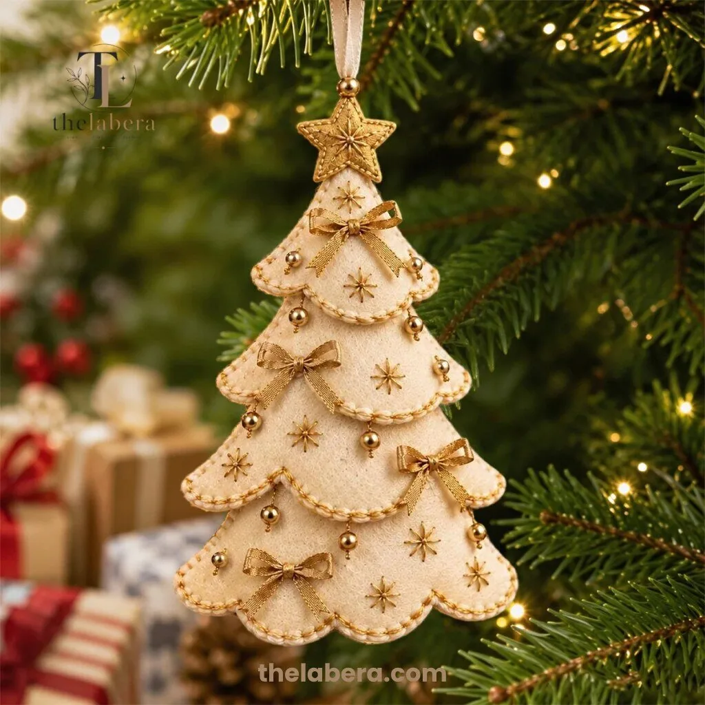 Cream Felt Christmas Tree Ornament with Gold Bows