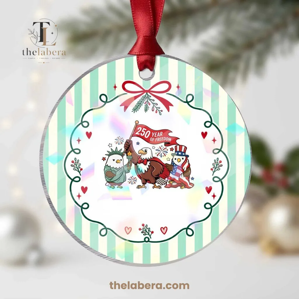 250 Year of Freedom Bald Eagles Acrylic Christmas Ornament 5 250 Year of Freedom acrylic Christmas ornament with three cartoon bald eagles, a red banner and fireworks on mint stripes