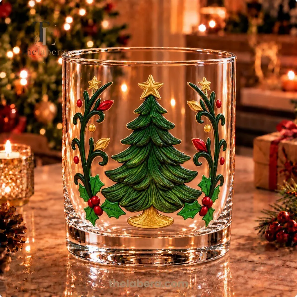 Christmas Tree Whiskey Glass with Gold Star and Holly 2 Christmas Tree Whiskey Glass with Gold Star and Holly