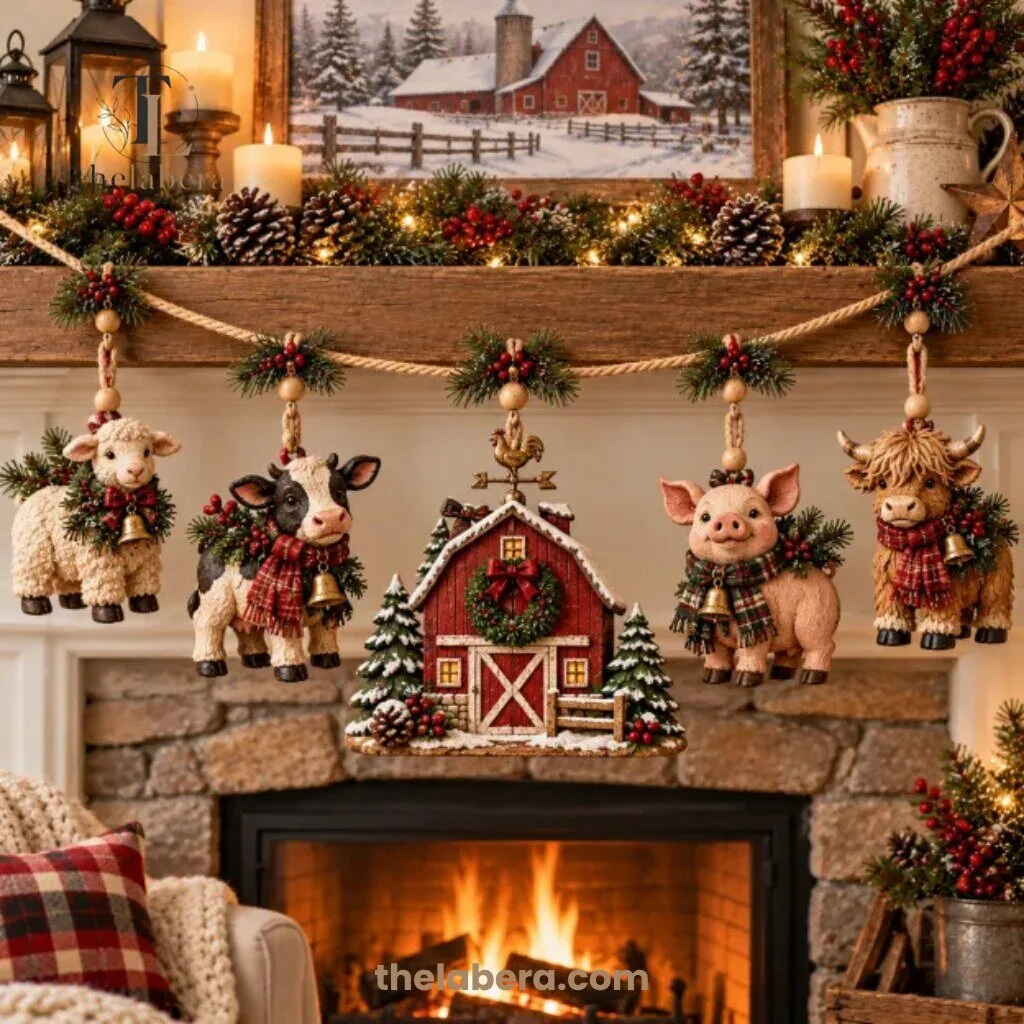 Farmhouse Red Barn and Farm Animals Christmas Hanging Ornament Set