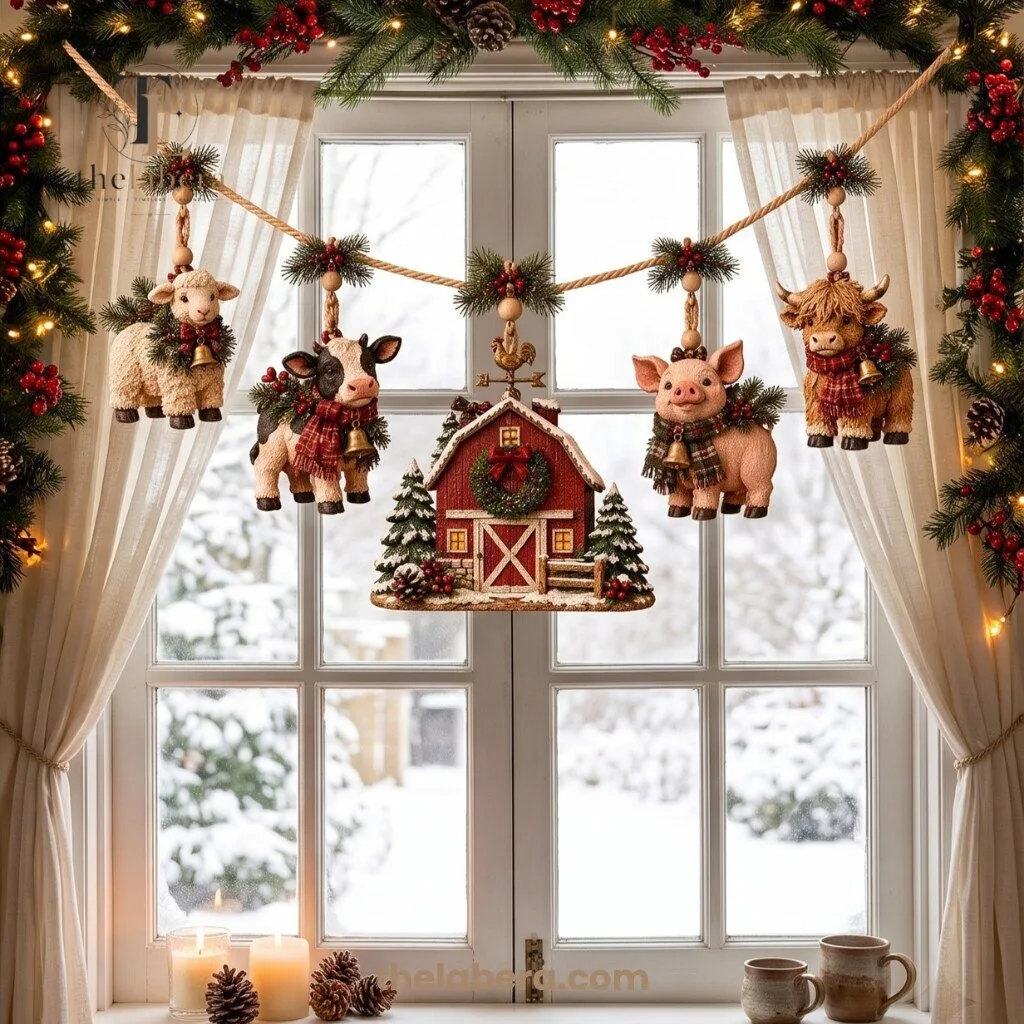 Farmhouse Red Barn and Farm Animals Christmas Hanging Ornament Set 9 Farmhouse Christmas hanging ornament set with sheep, cow, red barn, pig and Highland cow on a rope above a stone fireplace
