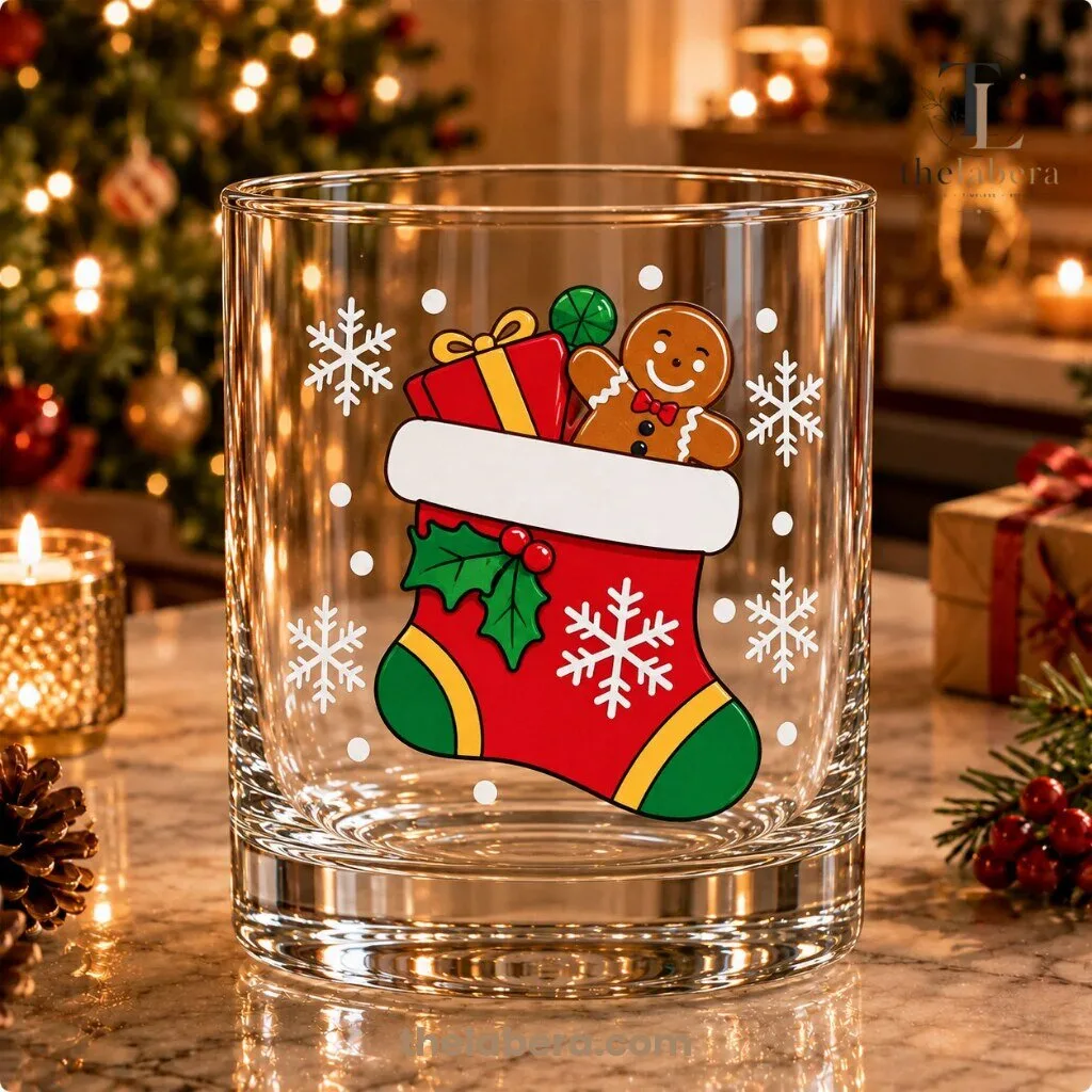 Christmas Stocking and Gingerbread Man Whiskey Glass 5 Clear whiskey glass with red Christmas stocking, gingerbread man, wrapped gift and white snowflakes on the front, on a marble counter