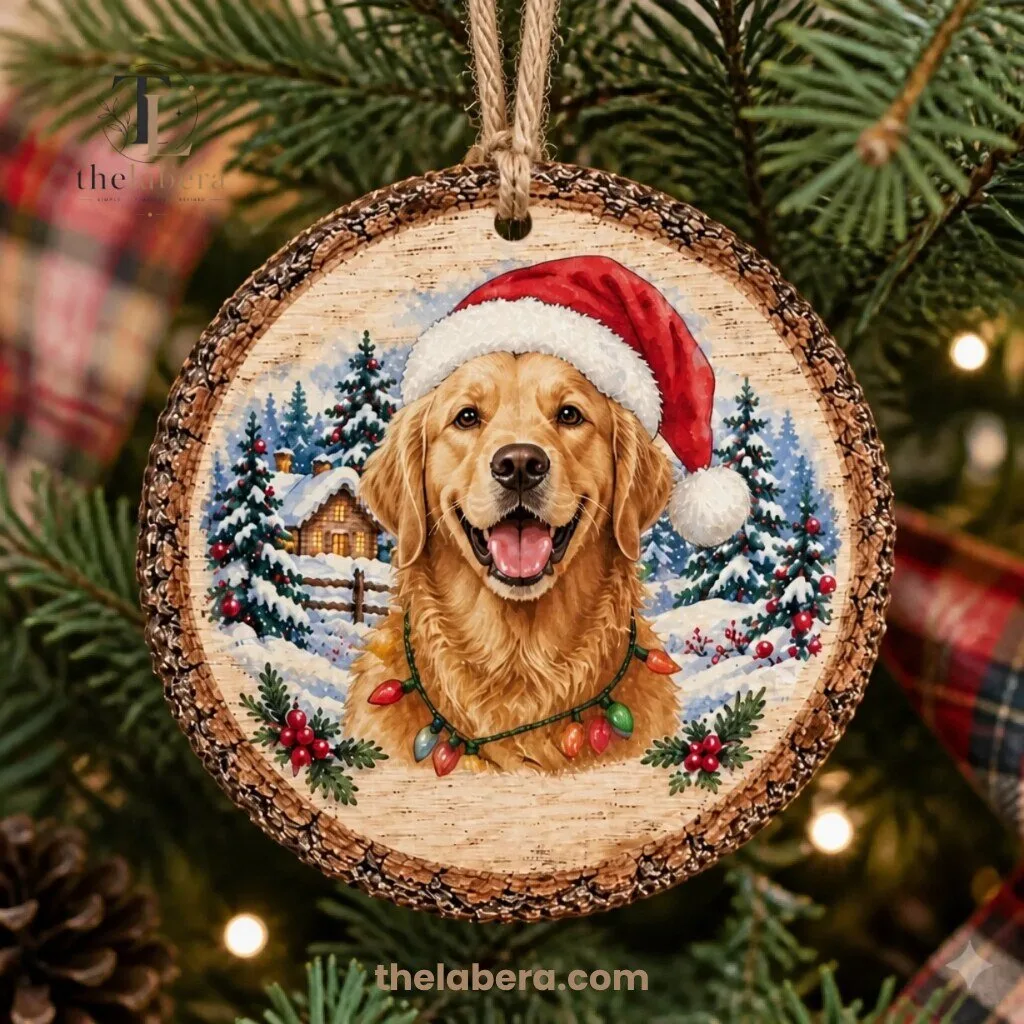 Golden Retriever Santa Hat Compressed Wood Christmas Ornament 5 Golden retriever in Santa hat with Christmas light necklace on round wooden ornament with snowy cabin and bark border