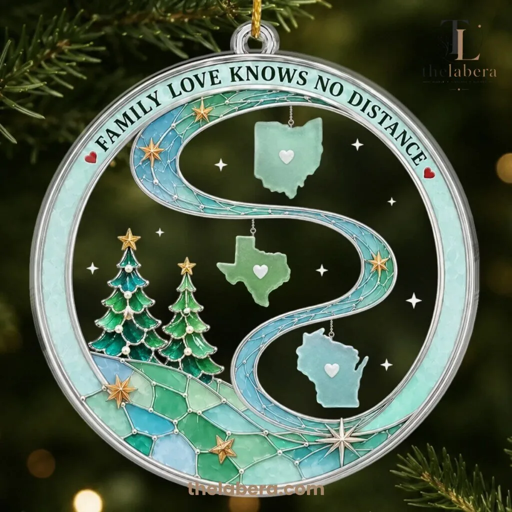 Family Love Knows No Distance Stained Glass Style Three States Christmas Ornament 1 Family Love Knows No Distance Stained Glass Style Three States Christmas Ornament