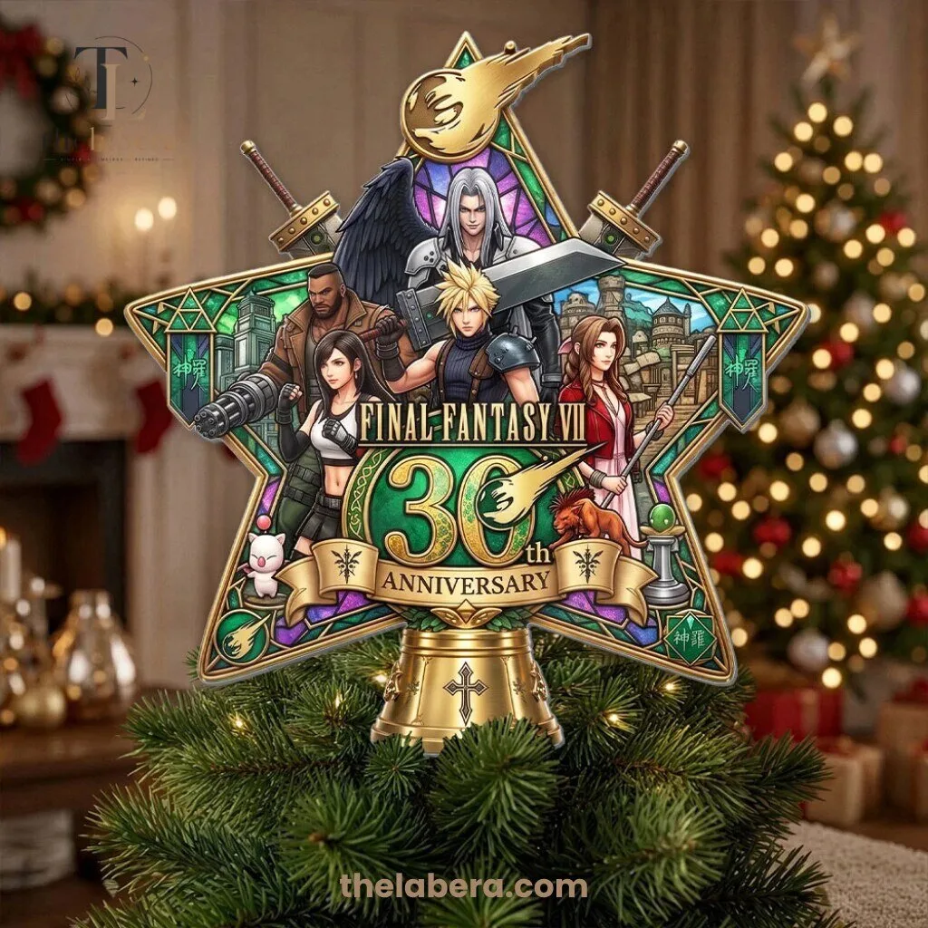 Final Fantasy VII 30th Anniversary Acrylic Christmas Tree Topper 5 Final Fantasy VII 30th Anniversary acrylic Christmas tree topper in star shape with stained glass style frame and gold bell base